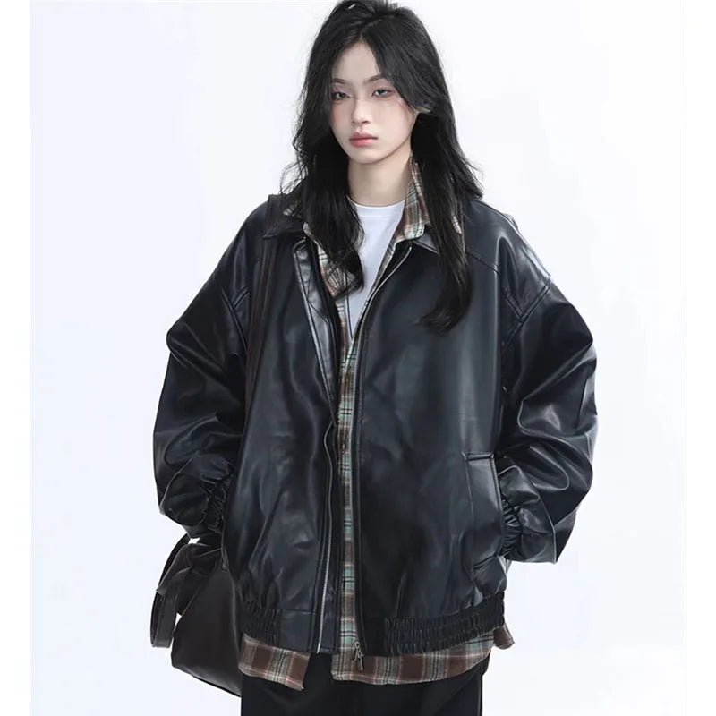 Women's Retro Faux Leather Zip-Up Jacket