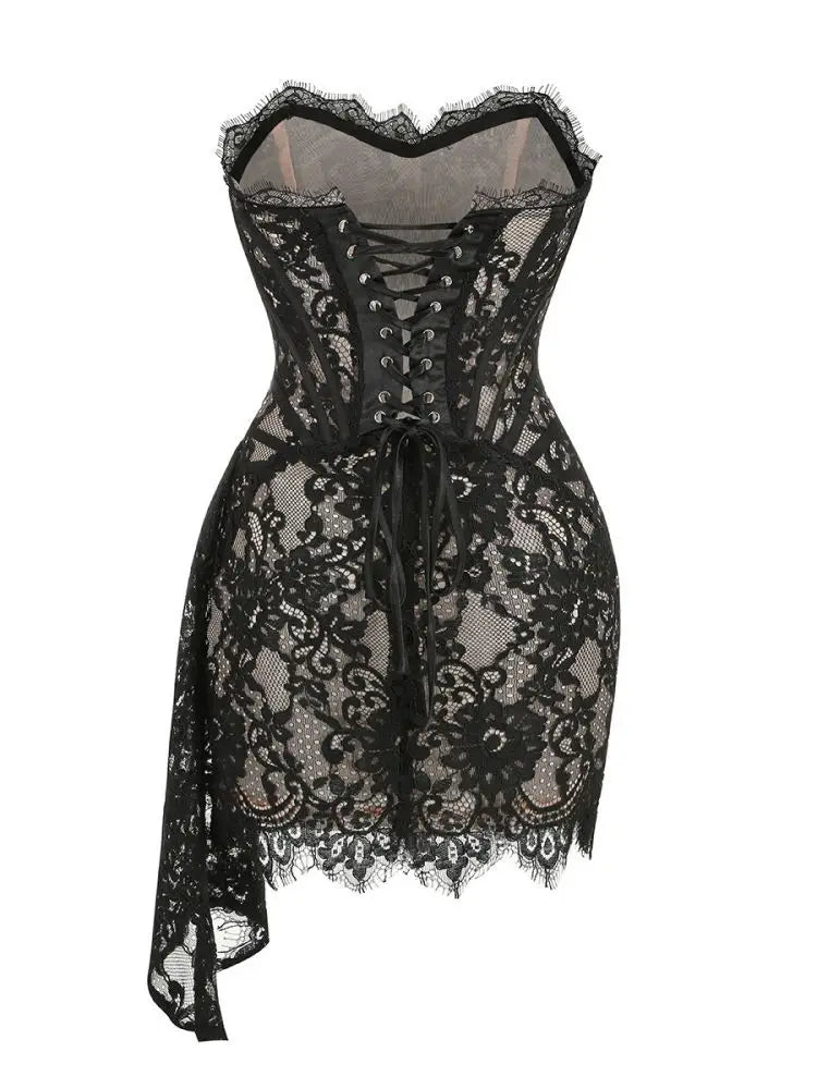 Strapless Lace Mini Dress – Elegant Sheer Patchwork Slim Fit Evening Dress