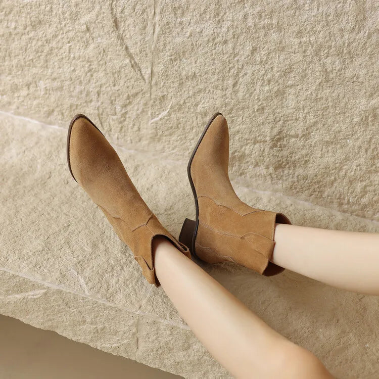 2026 Autumn Cow Suede Women Boots Pointed Toe Chunky Heel Boots for Women Fashion Short Boots Winter Boots Women Western Boots