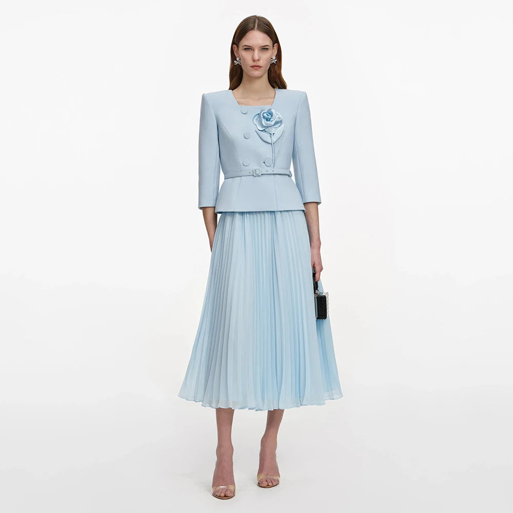 Customized 2 Pieces Cocktail Dress Light Sky Blue 3/4 Sleeves Modern Cocktail Gowns for Women 2026 Tea Length Formal Party Dress