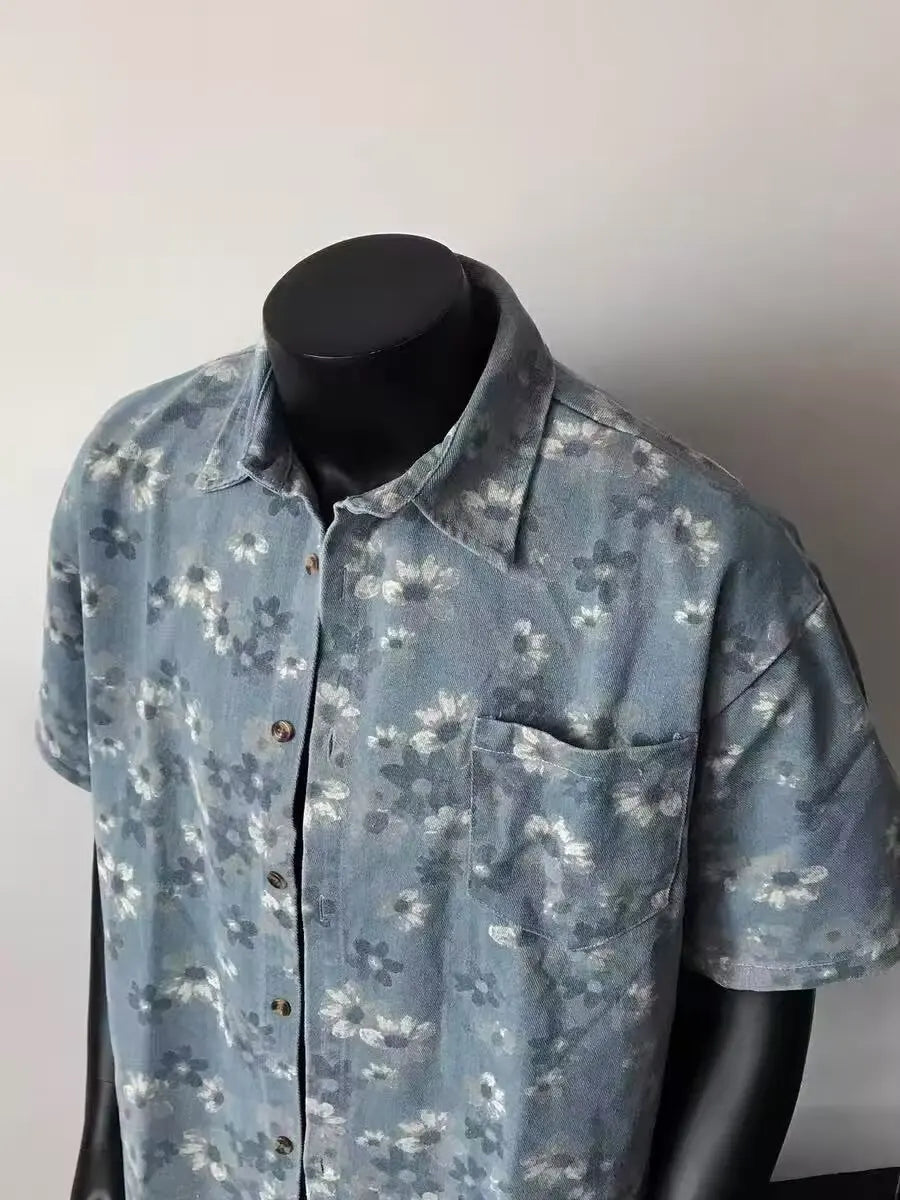 2025 Summer New Floral Short Sleeve Men's Denim Shirt Thin American Retro Layered Wear Outerwear Jacket Breathable Polyester