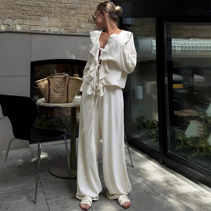 Linad Casual Loose Apricot Outfits Fashion Ruffles Flare Sleeve Blouse With High Waist Pant 2 Piece Sets Summer Long Pants Suits