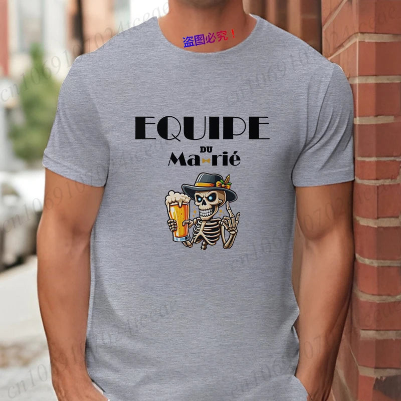 French Funny Single Farewell Bachelor Party T-shirt Wedding Beer Skeleton Tops Evg Team Married Tee Future Groom Man Squad Shirt