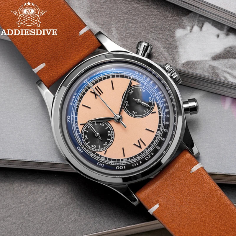 ADDIESDIVE 38MM AD2037 Men Multifunctional Chronograph Watches 10Bar Diving Leather Belt Timing Clocks Quartz Watch Relogios