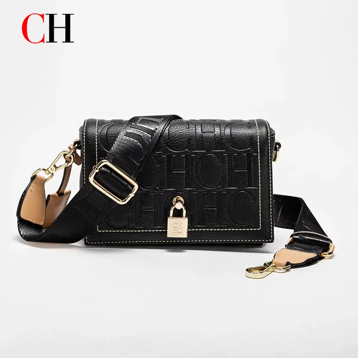 CH Crossbody Bag For Women Luxury Monogram Leather Handbag Fashion Wide Strap Shoulder Bag Elegant Lock Flap Bag For Daily Use