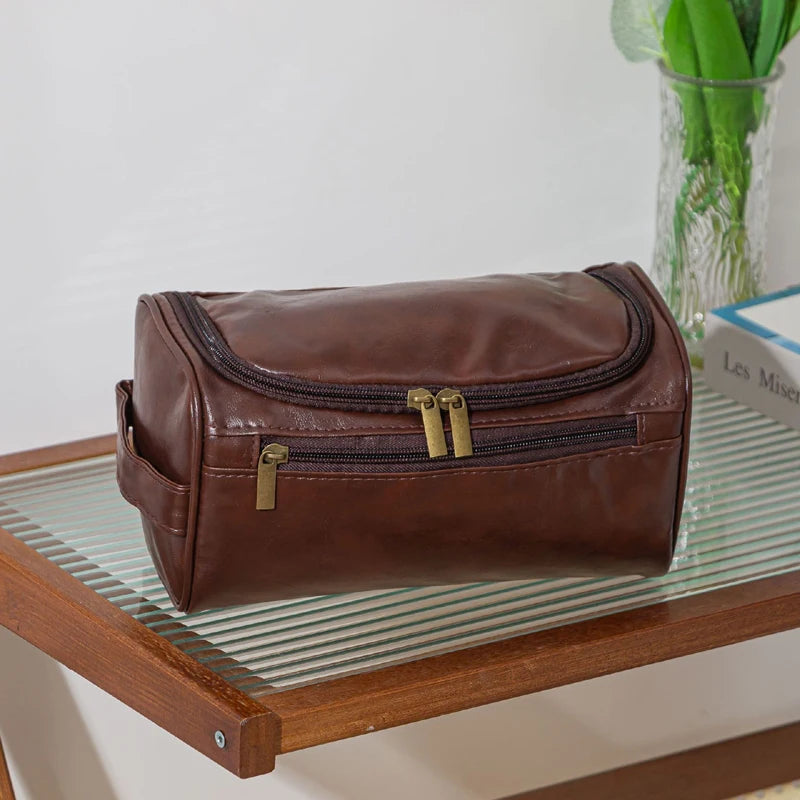 Leather Travel Toiletry Bag for Men Women, Large Capacity Cosmetic Organizer with Hanging Hook, Waterproof Makeup Storage Bag Po