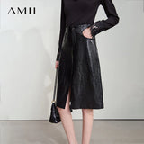 AMII Minimalist PU Leather Skirt for Women