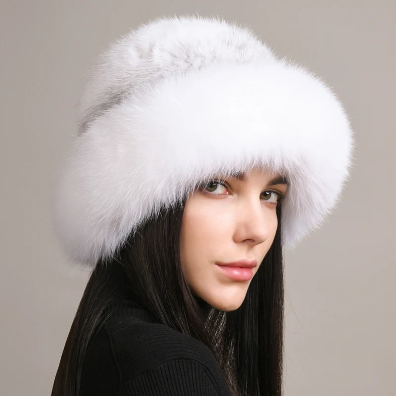 Genuine Knitted Mink Fur Hat with Fox Fur Brim