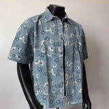 2025 Summer New Floral Short Sleeve Men's Denim Shirt Thin American Retro Layered Wear Outerwear Jacket Breathable Polyester