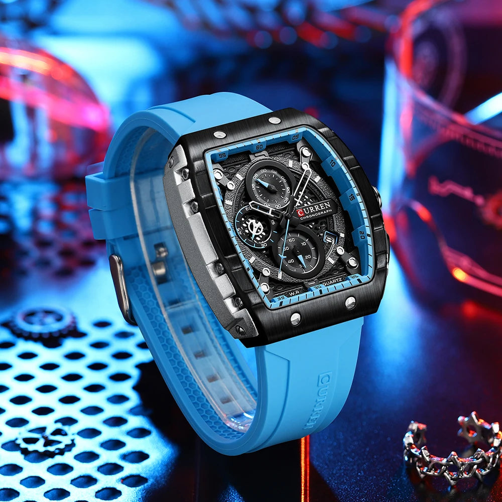 Men’s Sport Quartz Watch – Yellow Silicone Strap, Luminous Auto Date Square Dial