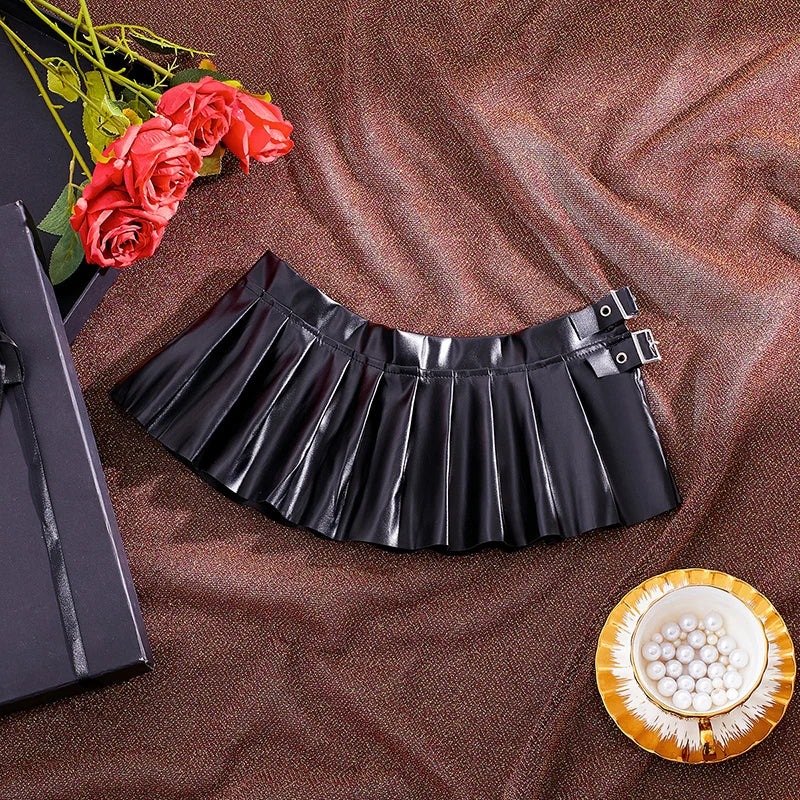 Black Faux Leather Low-Rise Pleated Mini Skirt