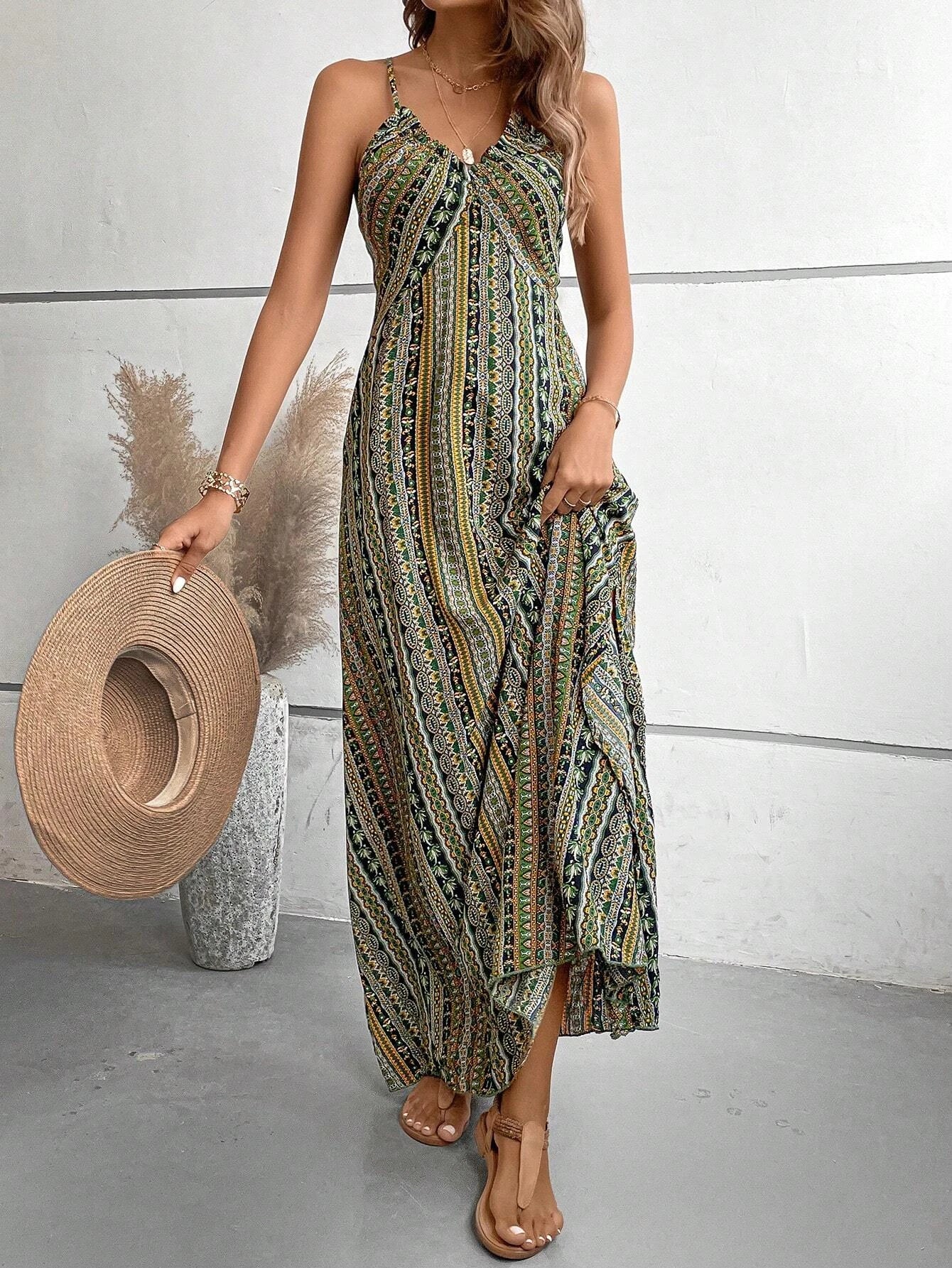 Boho Ethnic Frill Trim Maxi Dress