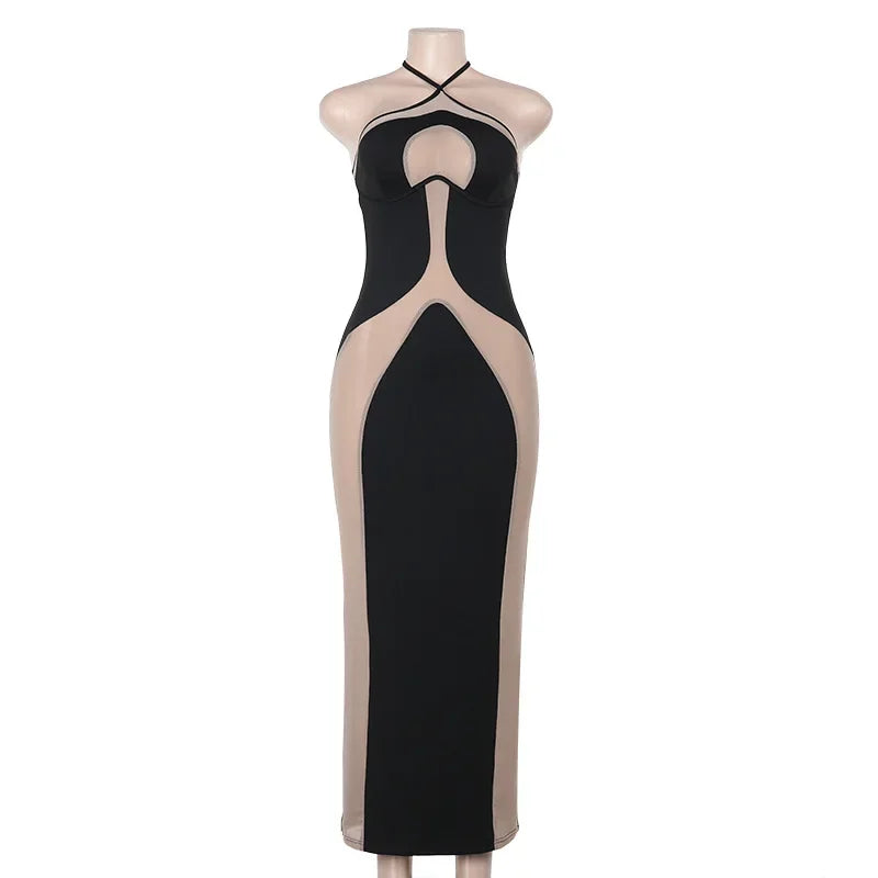 Elegant Mesh Patchwork Halter Gown