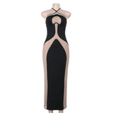 Elegant Mesh Patchwork Halter Gown