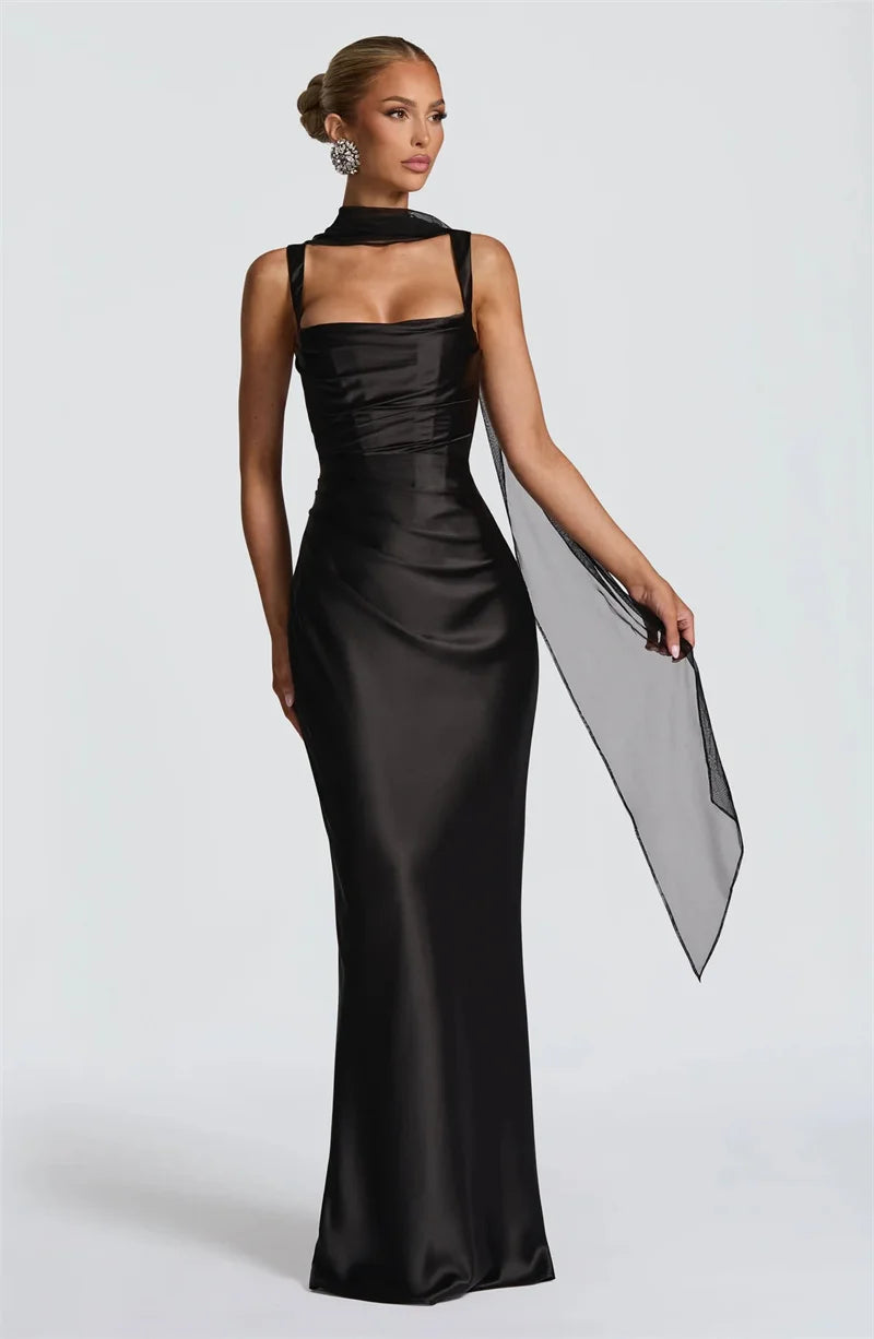 Elegant Backless Satin Maxi Dress – Sleeveless Halter Bodycon Party Gown