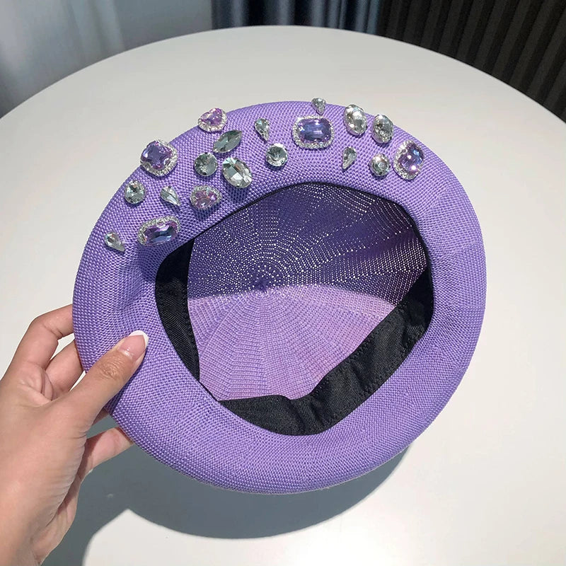 INS Summer rhinestone beret women's new fashion versatile hat thin breathable painter hat handmade rhinestones versatile pumpkin