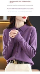 Polo Collar Spun Wool Cardigan – Elegant Single-Breasted Knit Jacket