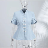 2026 Spring Summer Short Puff Sleeve Frog Button Shirt For Women Stand Collar  Single Breasted Blouse Lady Chic Street Party Top