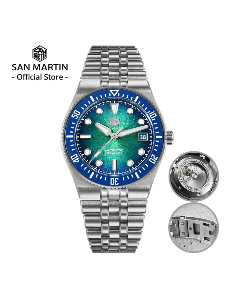 San Martin 40mm Enamel Spiral Dial Integrated Bracelet Men Diver Watch Miyota 9015 Automatic Mechanical Waterproof 200m SN0148