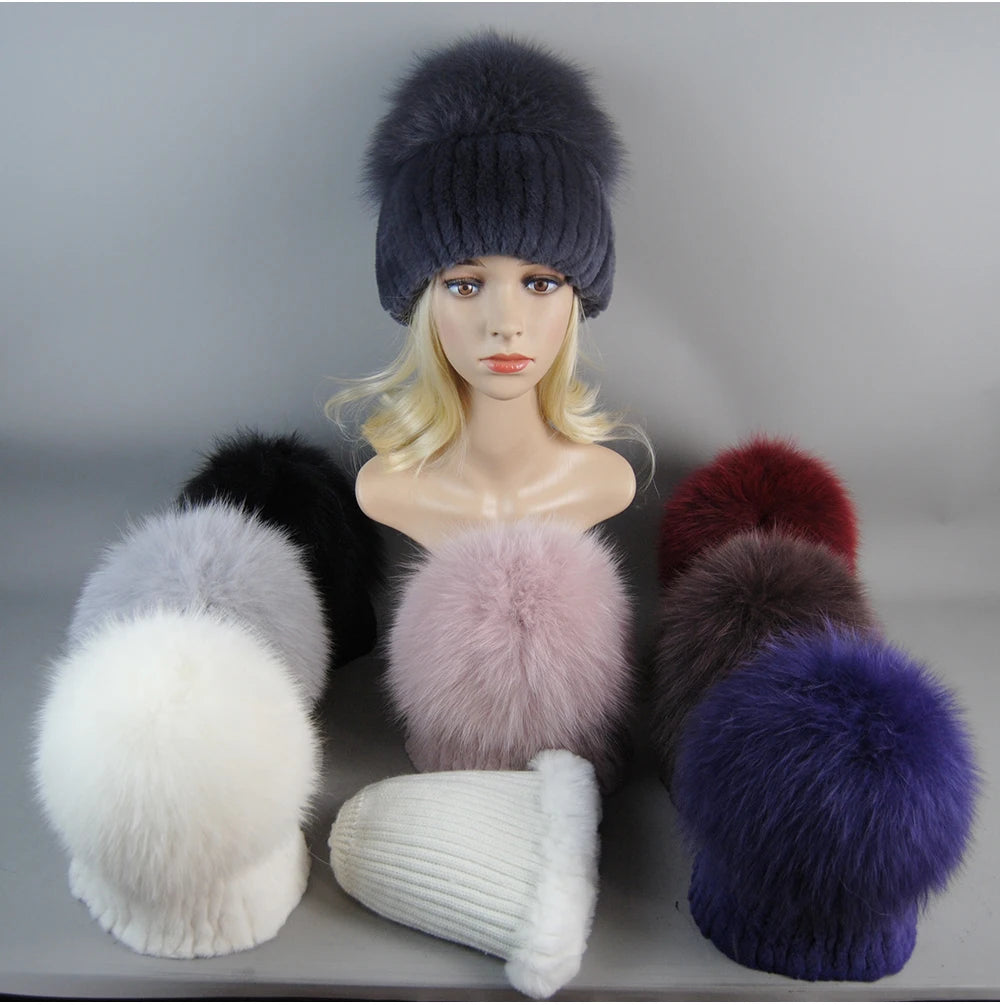Women's Luxury Rex Rabbit & Fox Fur Beanie Hat