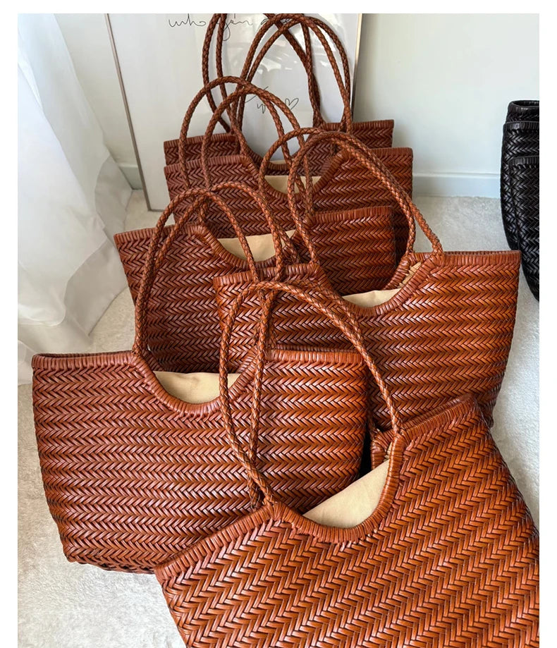Leather woven bag, large-capacity women's tote bag, holiday leisure top layer cowhide shoulder bag, vegetable basket bag.