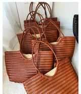 Leather woven bag, large-capacity women's tote bag, holiday leisure top layer cowhide shoulder bag, vegetable basket bag.