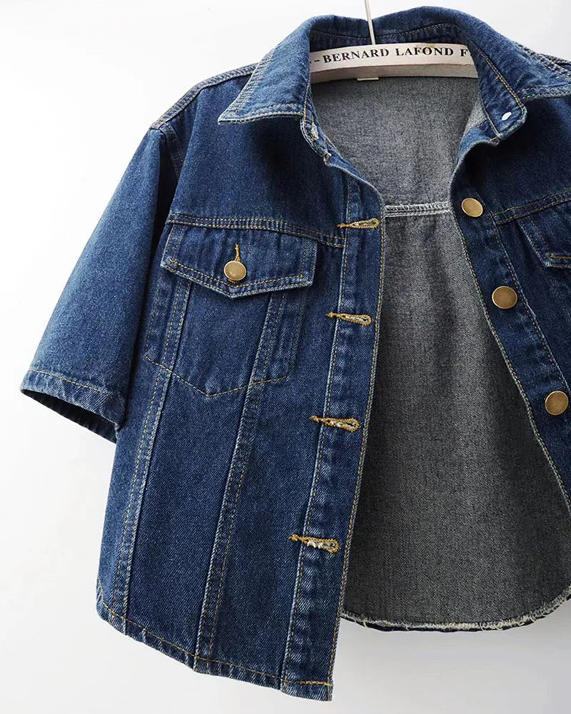 Vintage USA-Made Cropped Denim Jacket – Summer Short Sleeve Jean Top