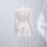 Print Women Dress Deep V Mini Dress Puff Sleeve High Waist Dress Two Piece Outfit With Waistband Elegant Slim Fit Outfit