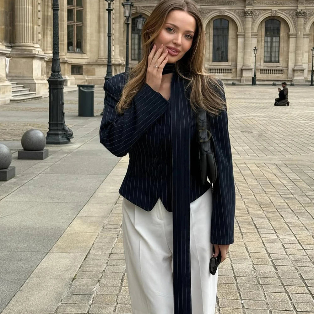 Tuularose 3 Piece Dress Set Women Elegant V-Neck Striped Ribbon Blazer Slim Short Dress Set Fashion Luxury Women Party Dress Set