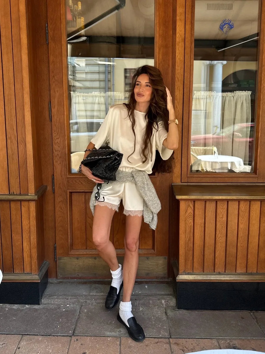 Hirsionsan Loose Sets Women Two Pieces Short Tops & Lace Patchwork Shorts Elegant Female High Quality Outfits Soft Tracksuit