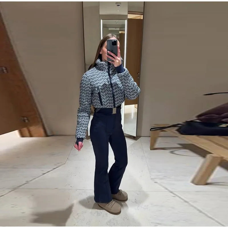 Elegant Geometric Print Ski Jumpsuit - High-Waist Winter Romper