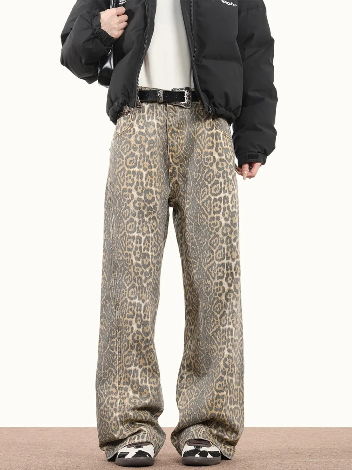 Women's High-Waisted Leopard Wide Leg Jeans | Y2K Vintage