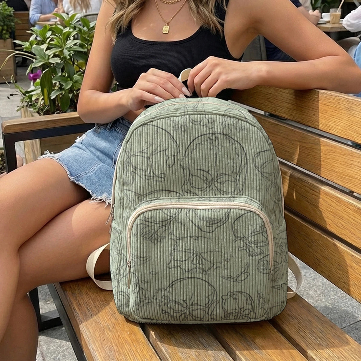 Gothic Skull Allover Print Women Fashion Backpack Corduroy Multi-pocket Large Capacity Commuter Bag