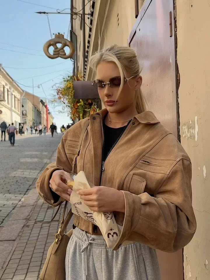 Brown Retro Suede Lapel Zippered Short Jackets Women's Casual Full Sleeves Pocket Loose Coats 2026 Spring Daily Commute Outwear