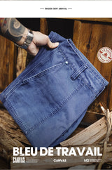 Maden Men‘s Vintage Washed Denim Jeans Blue Cotton Canvas Workwear Zipper Pants Loose Fit Casual Trousers for Spring and Autum