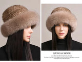 Genuine Knitted Mink Fur Hat with Fox Fur Brim