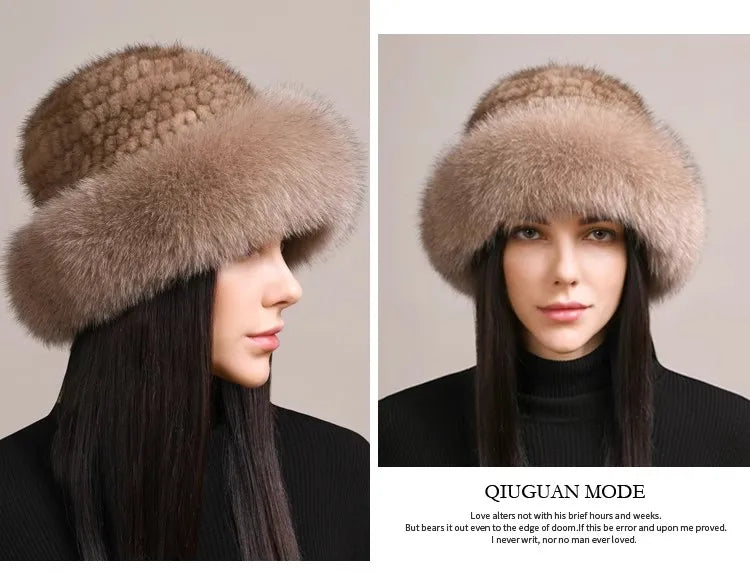 Genuine Knitted Mink Fur Hat with Fox Fur Brim