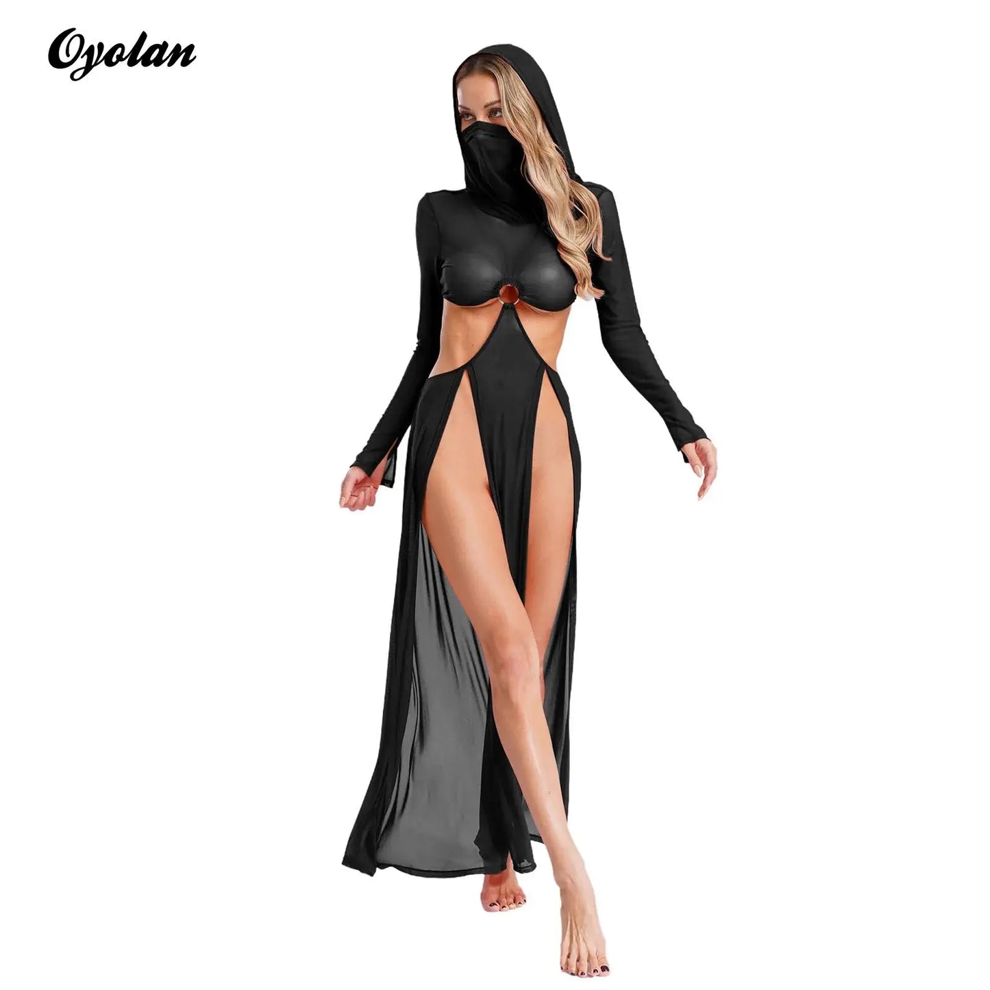 Women’s Hooded Mask Sheer Maxi Dress