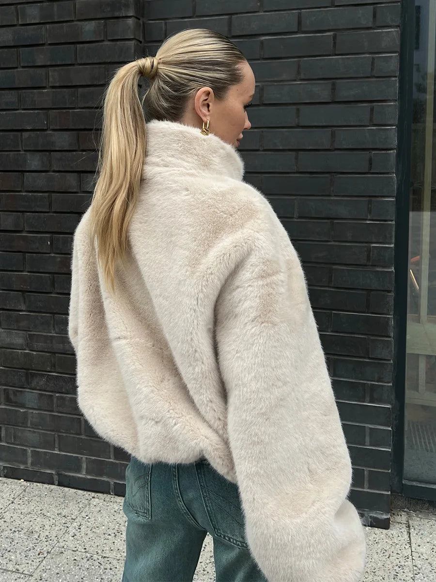 Bornladies New Women's Faux Fur Jacket Zipper Warm Plush Coat Oversized Soft Fluffy Stand Up Collar Autumn Winter Casual Jacket