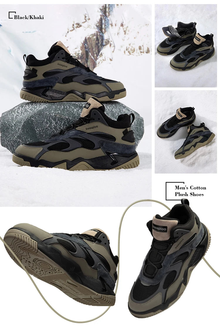 Baasploa Winter Men Shoes Fashion Plush Warm Waterproof Leather Sports Shoes Male Casual Outdoor Non-Slip Lace up Walking Shoes