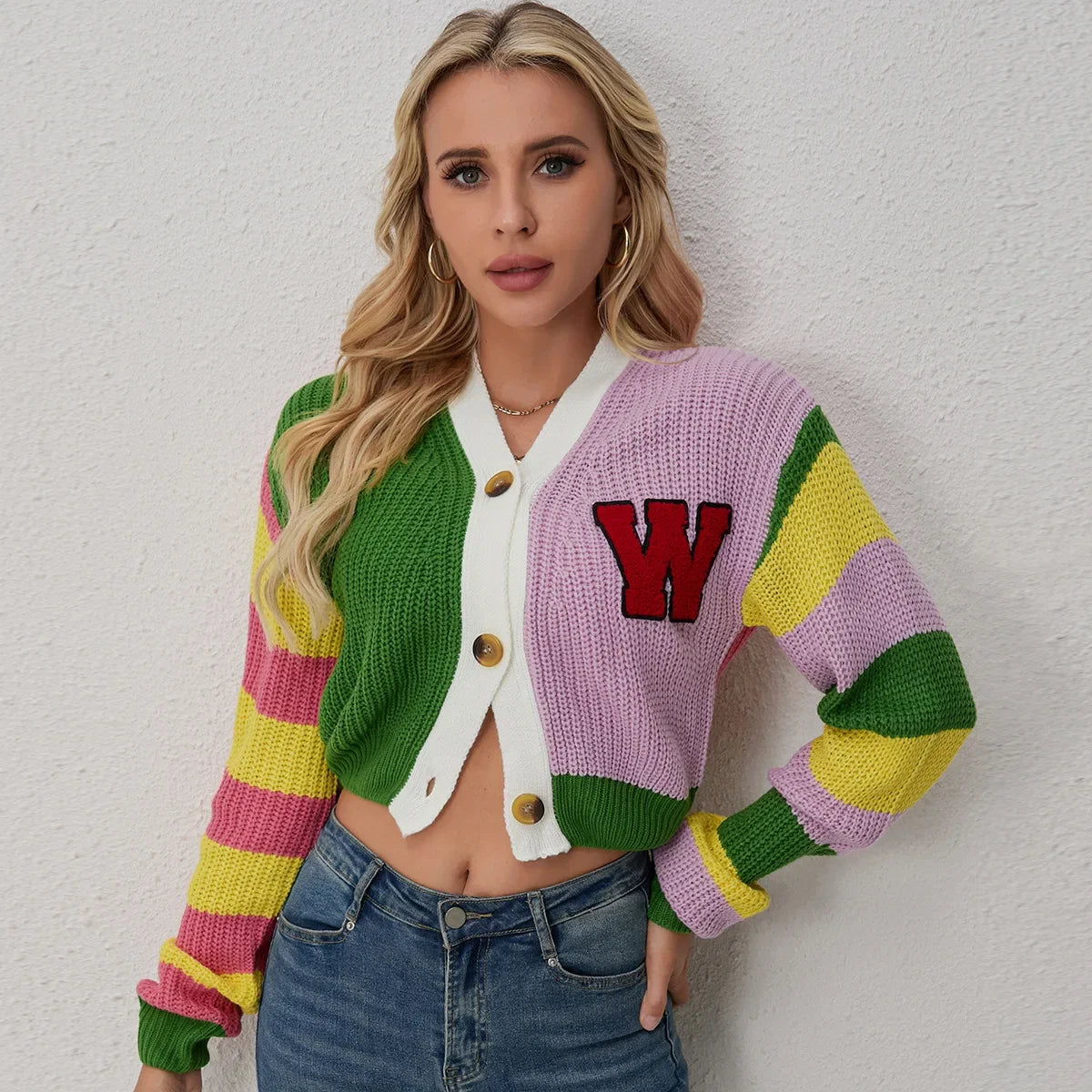 Colorful Striped Letter Knit Vest & Coat Set