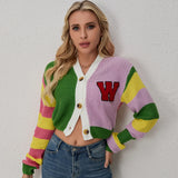 Colorful Striped Letter Knit Vest & Coat Set