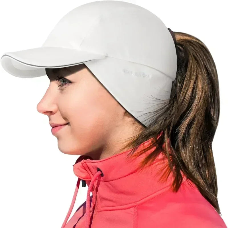 Women's Fleece Ponytail Hat with Ear Warmers & Reflective Cap