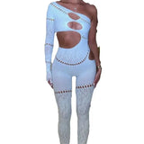 Women's Rhinestone Patchwork Hollow-Out Single Sleeve Jumpsuit