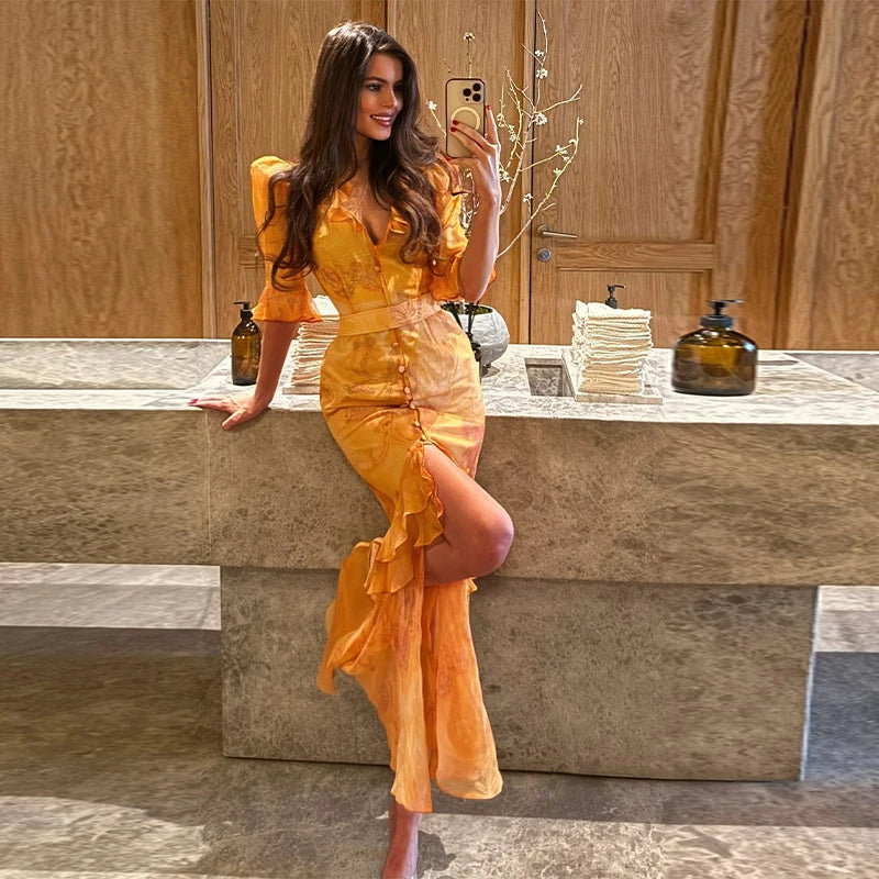 Print Chiffon Long Dress Women V Neck Half Sleeves High Waist Ruffles Belts Split Robe Female 2026 Summer Chic Vacation Dresses