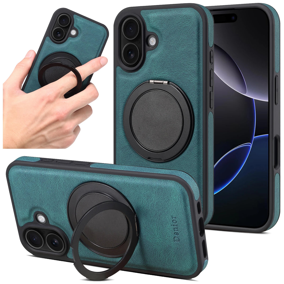 iPhone Faux Leather Case with 360° Ring Stand
