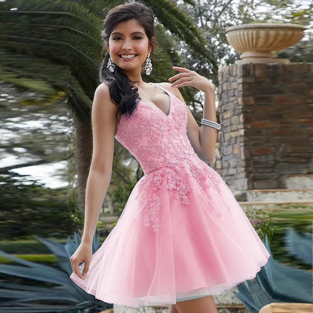Beading V-Neck Cocktail Dress – Spaghetti Strap Mini Gown