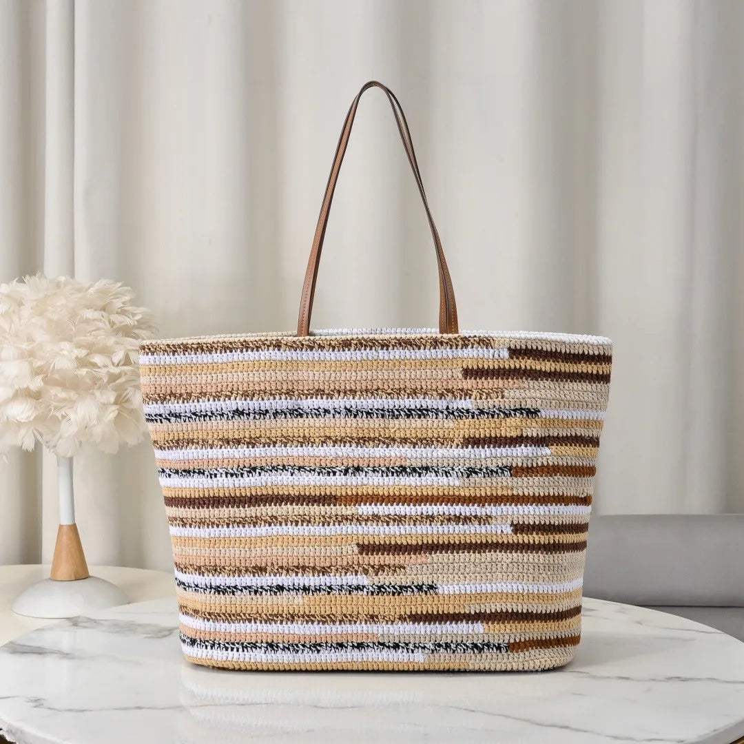 UOSU Woven Straw Tote — Large Contrast Stripe Beach Bag