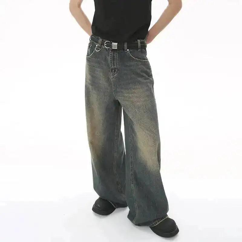 Men's Washed Blue Loose Straight-Leg Jeans