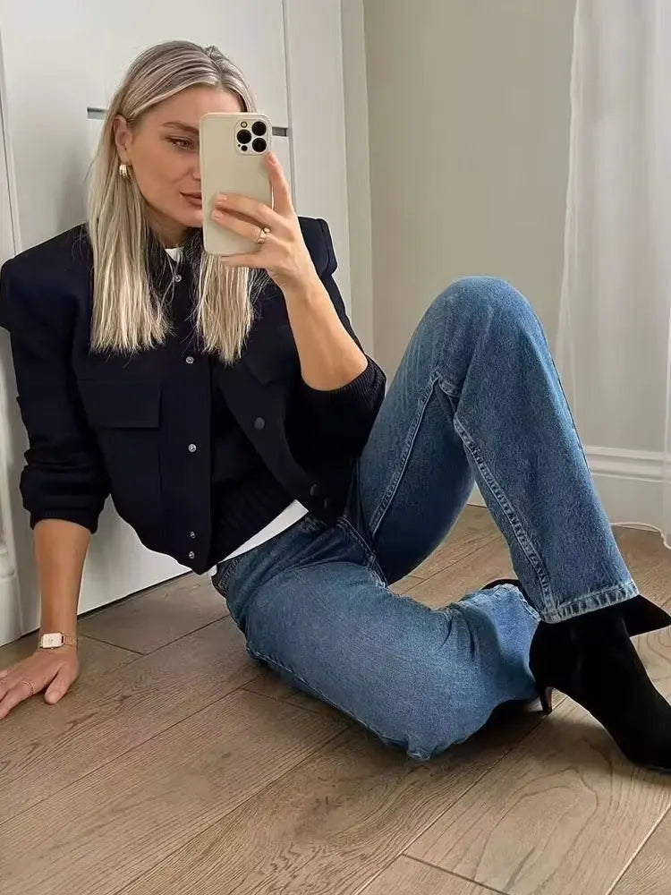 Women’s Vintage Utility Bomber Jacket – Chic Button-Down Outerwear